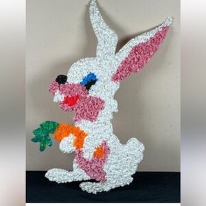 Vintage Easter Bunny Melted Popcorn Plastic White Pink Bunny Decoration 21 inch